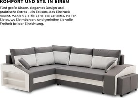 Grande sarokkanapé polcokkal és puffokkal , polc a bal karfaban puffok a jobb karfaban, baloldali, szövet anyag, hab töltet, szürke - fehér