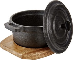 HOT IRON mini öntöttvas sütőtál fedéllel és fa alátéttel, 14 cm