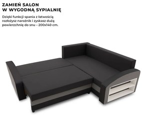 Grande sarokkanapé polcokkal , polc a jobb karfaban, jobboldali, szövet anyag, hab töltet, fekete - szürke