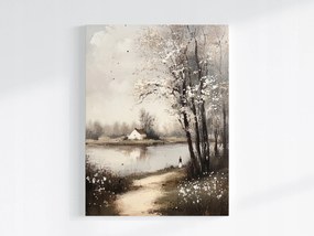 Poszter Tájkép Folyó Ház Fák Falu Vintage Retro 60x80