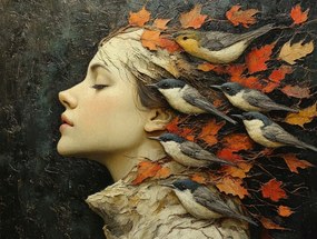 Vászonkép Canvas Portré Profil Nő Levelek Madarak Ősz 80x60