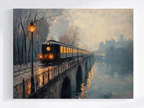 Poszter Város Híd Folyó Vasút Vonat Eső Köd 100x75