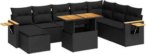vidaXL 9 részes fekete polyrattan akácfa kerti ülőgarnitúra párnákkal