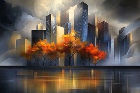 Vászonkép Canvas Város Felhőkarcolók Fák Ősz Víz Tükröződés 60x40
