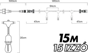 Kültéri fényfüzér kerti égősor girland 15m - 15db izzó + távirányító | Sorolható IP44 E27