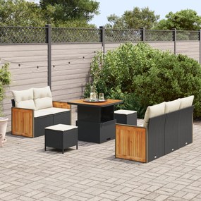 8 Részes Kert Sofa Szett Párnákkal Fekete Polirattan Akác