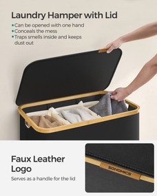 Fedeles, 3 rekeszes mosókosár, 150L, levehető bélés, összecsukható, fekete