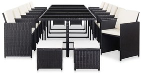 vidaXL 17 részes fekete polyrattan kültéri étkezőszett párnákkal