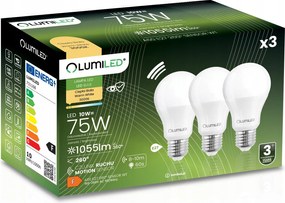 3x Led izzó E27 A60 10W 75W 1055lm 3000K Meleg 260° Lumiled