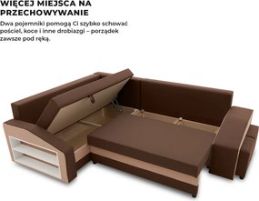 Grande sarokkanapé polcokkal és puffokkal , polc a bal karfaban puffok a jobb karfaban, baloldali, szövet anyag, hab töltet, barna
