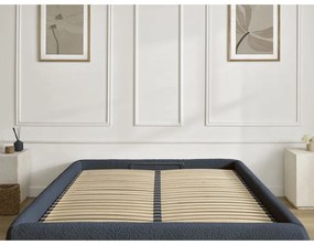 Sötétkék kárpitozott ágyneműtartós-ágytámla nélkül franciaágy ágyráccsal 160x200 cm Inera – Bobochic Paris