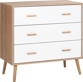 HOMCOM Fából készült Magas Fiókos Szekrény 3 Fiókkal Modern Tároló Szekrény Emelt Lábakkal Hálószobába vagy Nappaliba 80x39x80 cm Fehér és Természetes