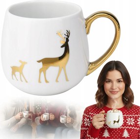 Karácsonyi Füles Bögre Porcelán Fehér-Arany 375 ml Rénszarvas