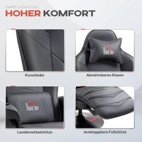 HOMCOM Prémium Gamer Szék, masszázs funkció, dönthető háttámla, lábtartó, acél keret, műbőr, fekete