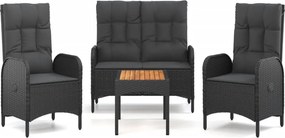 vidaXL 4 részes fekete polyrattan kerti étkezőszett párnákkal