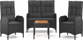 vidaXL 4 részes fekete polyrattan kerti étkezőszett párnákkal