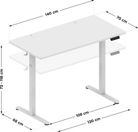 Állítható magasságú elektromos íróasztal 140 x 70 cm fehér