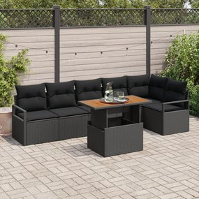 7 darabos Kerti Kanapé Szett Párnákkal Fekete Poli Rattan Akáciával, 2 Fős Kerti Kanapé Párnákkal Fekete Poli Rattan