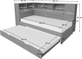Ágy polcokkal és pótággyal, szürke, 90x200, LENDON