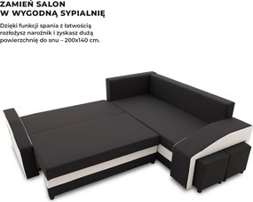 Grande sarokkanapé polcokkal és puffokkal , polc a bal karfaban puffok a jobb karfaban, jobboldali, szövet anyag, bonell töltet, fekete - fehér