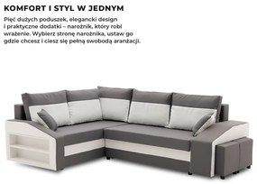 Grande sarokkanapé polcokkal és puffokkal , polc a bal karfaban puffok a jobb karfaban, baloldali, szövet anyag, bonell töltet, szürke - fehér