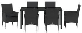 7 Darabos Kert Étkező Szett Párnákkal Fekete Polirattan, Kerti Asztal Fekete 160x80x73 cm Edzett Üveg