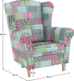Füles fotel, szövet patchwork, CHARLOT