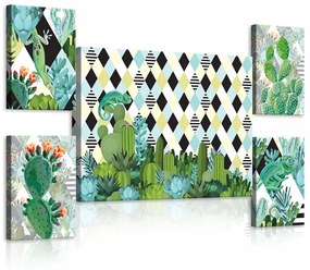 Vászonkép, 5 darabos Kaméleon a kaktuszokkal variálható elrendezésben