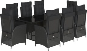 vidaXL 9 részes fekete polyrattan kerti étkezőgarnitúra párnákkal