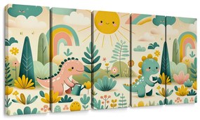 5 részes kép vidám dinoszauruszok szivárványos tájon