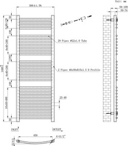 Íves törölközőszárító radiátor 1400x500 mm fekete