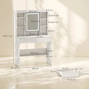 HOMCOM Fésülködőasztal tükörrel, LED világítással, 2 fiókkal, 8 akasztóval, 90 x 40 x 144,7 cm, fehér