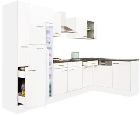 Yorki 310 sarok konyhabútor fehér korpusz,selyemfényű fehér fronttal felülfagyasztós hűtős szekrénnyel