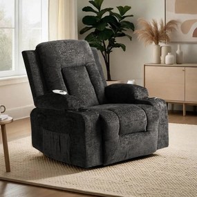 Elektromosan Vezérelhető Masszázsfunkciós Relaxfotel Vintage Fekete Szövet Kárpittal. BOX