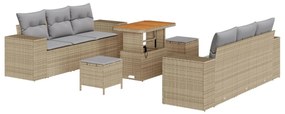 9 Részes Kerti Kanapé Szett Párnákkal Bézs Poly Rattan Akácia, 3 Részes Kerti Étkező Szett Párnákkal Bézs Poly Rattan Akácia