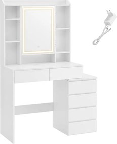 Sminkasztal LED világítással, tükörrel és 6 fiókkal, 97,5 x 40 x 145 cm, fehér