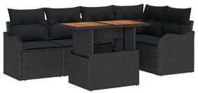 6 db-os Kert Sofa Szett párnákkal, Fekete, Polirattan, Akác, 2 személyes Kert Sofa párnákkal, Fekete, Polirattan