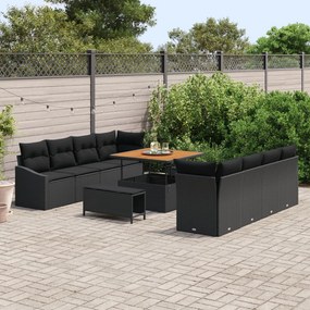 11 részes Kerti Kanapé Készlet Párnákkal Fekete Poli Rattan Akáciával, 2-Fős Kerti Kanapé Tárolóval és Párnákkal Fekete Poli Rattan, 3 részes Kerti Étkező Készlet Párnákkal Fekete Poli Rattan Akáciával