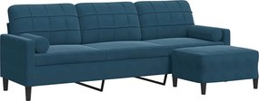vidaXL 3 személyes kék bársonykanapé lábtartóval 210 cm