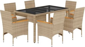 vidaXL 7 részes bézs polyrattan/üveg kerti étkezőgarnitúra párnákkal