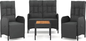 vidaXL 4 részes fekete polyrattan kerti étkezőszett párnákkal