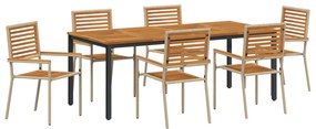 7 Részes Kerti Étkezősor Bézs Poli Rattan Akáciából, Egymásra Rakható Kerti Székek Párnákkal - 2-es Készlet Bézs Poli Rattan, Kerti Asztal 200x90x75 cm Szilárd Akácfa és Fém