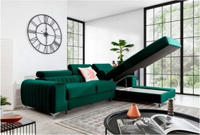 Zöld bársony kinyitható-tárolóhelyes sarokkanapé (jobb oldali-heverő résszel) Grayson – ELTAP