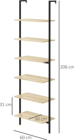 HOMCOM Fali Létra Polcos Könyvespolc Ipari Tárolópolc 6 Polccal Fekete Acél Természetes Fa Hatás - méret: 60 x 30 x 206 cm | Aosom