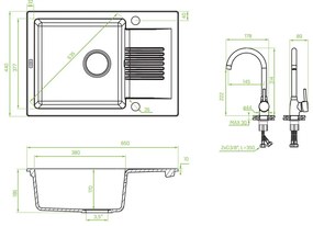 Laveo Celia, 1,5 kamrás gránit mosogató 650x440x195 mm + mosogató csaptelep U alakú kifolyóval, fekete, LAV-SJCA730T