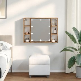 kézműves tölgy szerelt fa tükrös szekrény LED-ekkel 76x15x55 cm