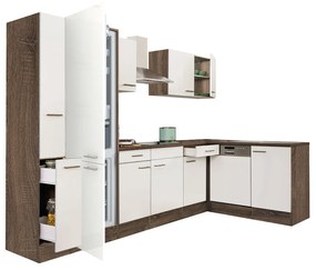 Yorki 310 sarok konyhablokk yorki tölgy korpusz,selyemfényű fehér fronttal alulagyasztós hűtős szekrénnyel
