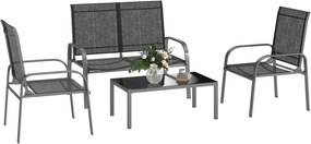 Outsunny 4 részes Kertibútor Szett 2 fős Kültéri Loveseat-el, Állítható Támlával, 2 Székkel és Üvegasztallal, Acél és Textilén Vízálló Bútor Szett, Fe