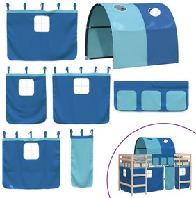 kék tömör fenyőfa gyerek galériaágy alagúttal 90 x 190 cm