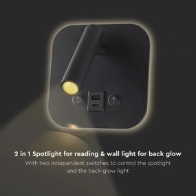 LED fali spotlámpa USB-porttal LED/8W/230V 3000K fekete